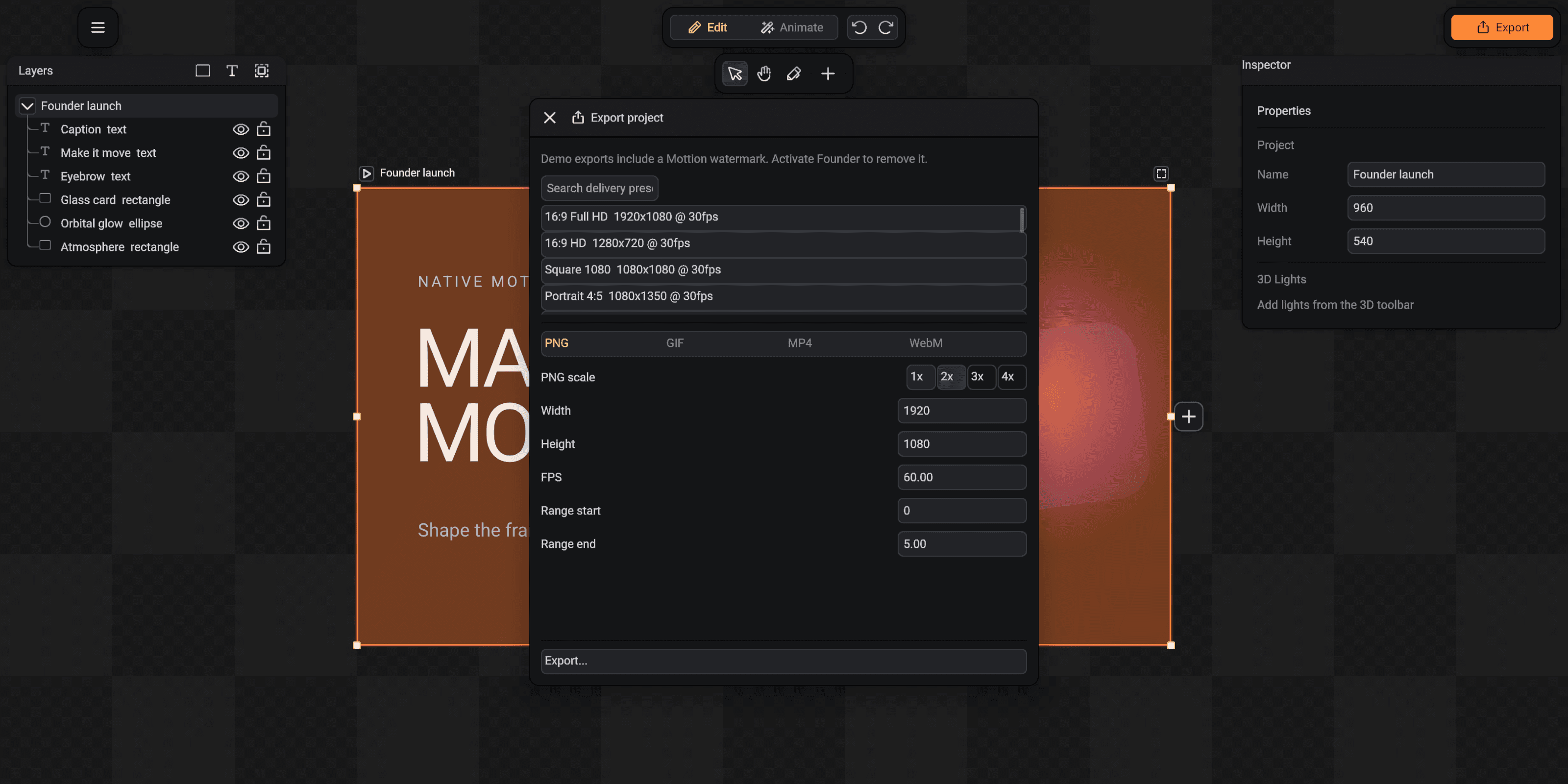 SceneLoft Export project window with presets, formats and range controls